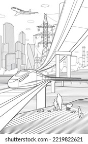 Esbozar ilustración de ciudad. Puente ferroviario. Paso de auto. Viajes en tren. Infraestructura urbana e imagen de transporte. Escena urbana. Arte de diseño de vectores. Líneas negras sobre fondo blanco