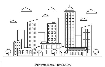 Outline city landscape skyline concept with buildings, scyscrapers, 
trees and clouds. Vector illustration. Editable stroke.
Outline version. Isolated on white background. EPS 10