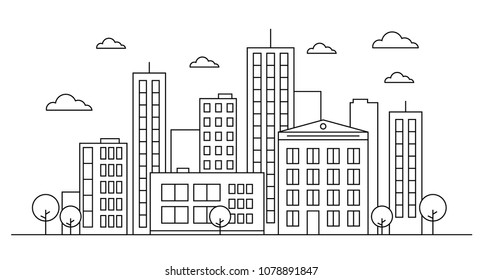 Outline city landscape skyline concept with buildings, scyscrapers, trees and clouds. Design concept. Vector illustration. Editable stroke. Isolated on white background. EPS 10