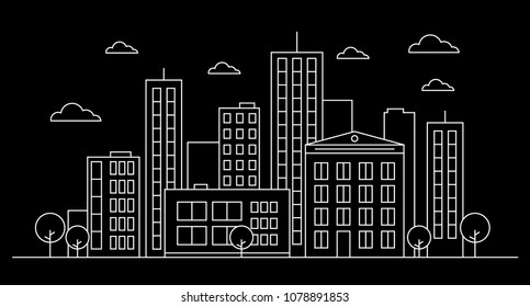 Outline city landscape skyline concept with buildings, scyscrapers, trees and clouds. White contour. Design concept. Vector illustration. Editable stroke. Isolated on black background. EPS 10
