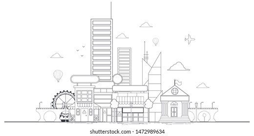 Outline city landscape vector illustration isolated on a white background.