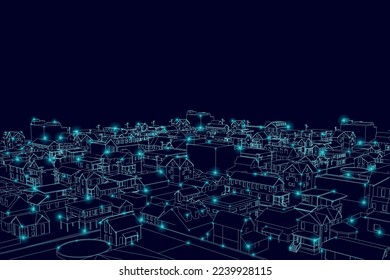 Outline of a city made of blue lines with glowing lights made of blue lines isolated on a dark background. Vector illustration.