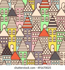 Outline city multicolor seamless vector pattern. Town landscape with houses repeat line style background.