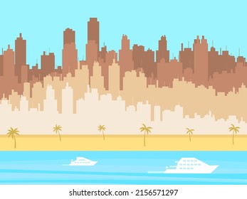 Outline of the city with palm trees and the beach. City view from the beach. Yachts in the background of the city. Design for posters, banners and promotional items. Vector illustration