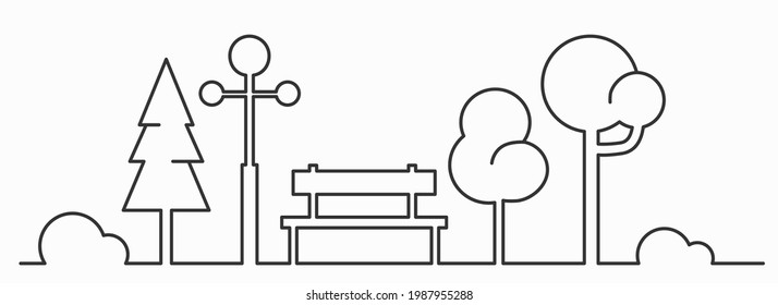 Outline city park, bench, lights and trees. Landscape sketch. Creative horisontal line art monochrome vector illustration on white background.