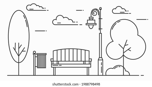 Outline city park, bench, lights and trees. Landscape sketch. Creative horisontal line art monochrome vector illustration on white background.