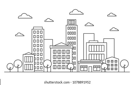 Outline city skyline landscape design concept with buildings, scyscrapers, trees, clouds and cafe. Vector illustration. Editable stroke. Isolated on white background. EPS 10