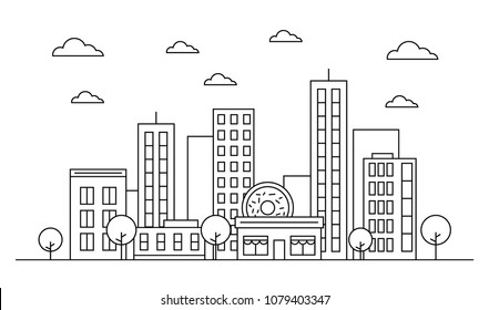 Outline city skyline landscape design concept with buildings, scyscrapers, donut shop  cafe,clouds,trees. Vector, graphic illustration. Editable stroke. Isolated on white background. EPS 10