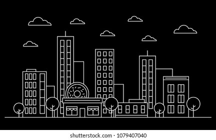 Outline city skyline landscape facade concept with buildings, scyscrapers, donut shop  cafe,clouds,trees.White contour.Vector, graphic illustration. Editable. Isolated on black background. EPS  10