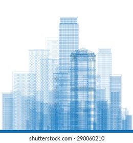 Outline City Skyscrapers in blue color. Vector illustration. Business or tourism concept for presentation, placard, banner or web site