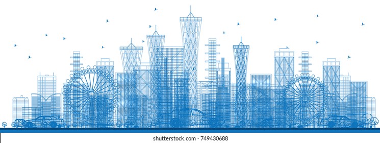 Outline City Skyscrapers and Buildings in Blue Color. Vector Illustration. Business Travel and Tourism Concept. Image for Presentation, Banner, Placard and Web Site