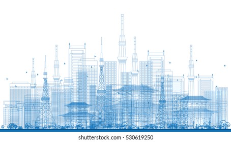 Outline City Skyscrapers and Tv Towers in Blue Color. Vector Illustration. Business Travel and Tourism Concept. Image for Presentation, Banner, Placard and Web Site