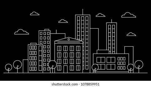 Outline city street landscape skyline concept with buildings, scyscrapers, 
trees and clouds. White lineart. Vector illustration. Editable stroke. Outline version. Isolated on black background. EPS 10