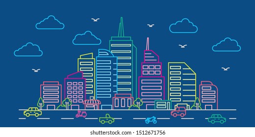 Outline cityscape with dark blue background
