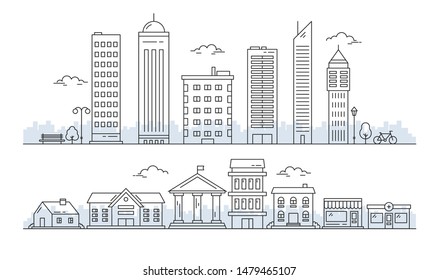 Outline cityscape. Editable stroke. Town Landscape. Line art. Vector 