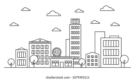 Outline cityscape landscape skyline design concept with buildings, scyscrapers, trees, clouds,donut shop cafe. Vector, graphic illustration. Editable stroke. Isolated on white background. EPS 10