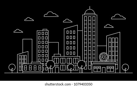 Outline cityscape skyline landscape design concept with buildings, scyscrapers, donut shop cafe,trees,clouds.White contour. Vector, graphic illustration. Editable. Isolated on black background. EPS 10