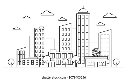 Outline cityscape skyline landscape design concept with buildings, scyscrapers, donut shop cafe trees, clouds. Vector, graphic illustration. Editable stroke. Isolated on white background. EPS 10