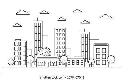 Outline cityscape skyline landscape design facade concept with buildings, scyscrapers, donut shop cafe trees, clouds. Vector, graphic illustration. Isolated on white background.Editable stroke. EPS 10