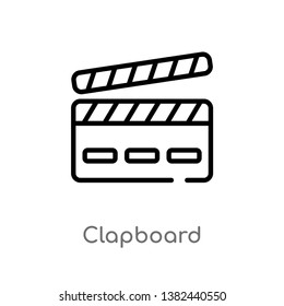 outline clapboard vector icon. isolated black simple line element illustration from entertainment and arcade concept. editable vector stroke clapboard icon on white background