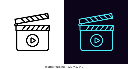 Outline clapperboard icon, with editable stroke. Clapper board with play sign. Cinema editor, video production, movie shooting, music clip recording. Filmmaking studio, multimedia editor. Vector icon