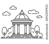 Outline Classical Gazebo Vector Icon - Architectural Pavilion with Trees and Clouds