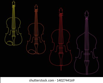 Outline classical strings wind as violin, viola, violoncello, double bass isolated on black background. Musical instruments for template or art school dictionary illustration