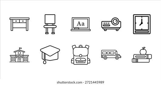 Outline classroom object icons pack school education