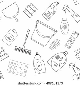outline cleaner equipment products in bucket for cleaning housework
domestic brush sponge bottle spray and protective gloves, housekeeping supplies vector illustration or banner seamless pattern