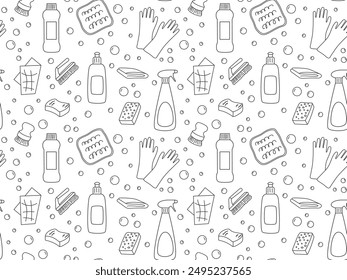 Outline cleaning supplies seamless pattern. Black and white illustration. Doodle sketch Abstract accessories for clean and bubbles. Cleaning service simple Background