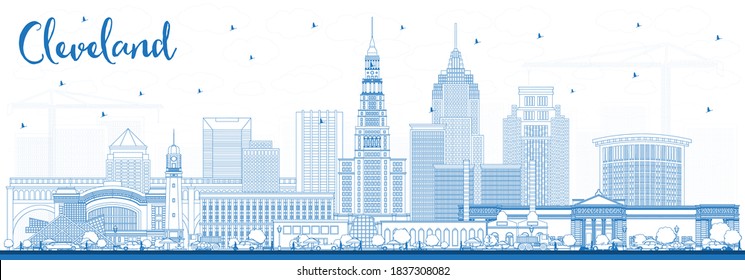 Outline Cleveland Ohio City Skyline with Blue Buildings. Vector Illustration. Cleveland USA Cityscape with Landmarks. Business Travel and Tourism Concept with Modern Architecture.