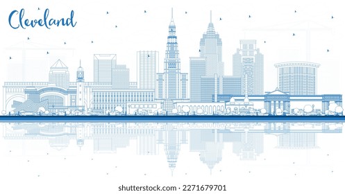 Outline Cleveland Ohio City Skyline with Blue Buildings and Reflections. Vector Illustration. Cleveland USA Cityscape with Landmarks. Business Travel and Tourism Concept with Modern Architecture.