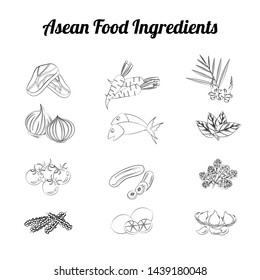 outline clip art of asean food ingredients set bundle include vegetables and meat in gradient cartoon design,vector illustration