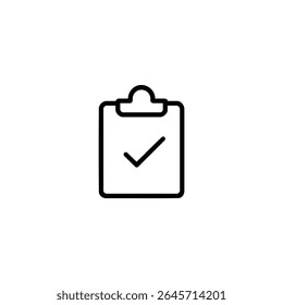 Outline of a clipboard with an arch clip and a small V-shaped checkmark, drawn with black 1.5px monoline strokes. Flat 2D vector, isolated on white.