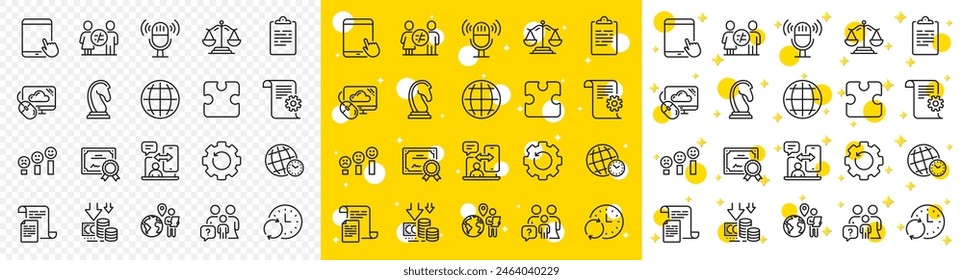 Umriss-Zwischenablage, Deflation und Cloud Computing Linie Icons Pack für Web mit Gerechtigkeitsskalen, Aktualisiere Zeit, Dokumente Linie Icon. Technische Dokumentation, Telefon-Timing. Vektorgrafik