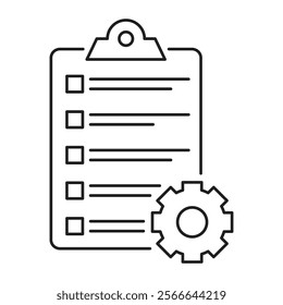 Outline clipboard icon with gear symbol for settings or customization. Ideal for business workflows, productivity, office management, or task organization-related designs.