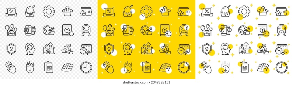 Outline Clipboard, Swipe up and Bread line icons pack for web with Loyalty program, Ice cream, Cursor line icon. Mental conundrum, Cake, Shield pictogram icon. 5g internet, Recovery gear. Vector