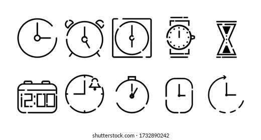 conjunto de iconos de reloj de contorno, fondo negro en blanco, reloj vectorial