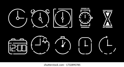 conjunto de iconos de reloj de contorno, blanco sobre fondo negro,reloj vectorial