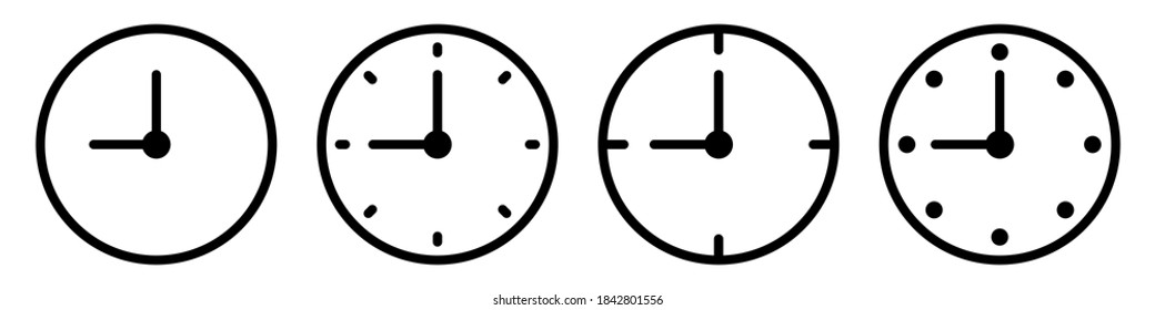 Outline clock icons set. Isolated watch symbol on white background. Thin wall clock in black color  with minute and hour arrow. Chronometer silhouette in flat. Vector EPS 10