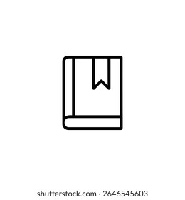 An outline of a closed book with a bookmark hanging from the top. Simple vector icon for reading and saving progress.