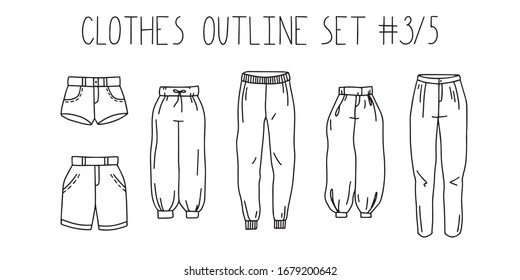 Outline clothes doodle set. Pants, shorts 