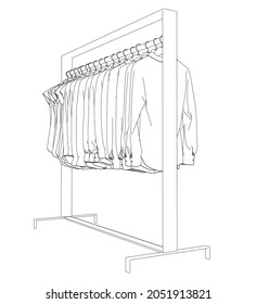 Outline of clothes hanging on a hanger isolated on white background. Clothes on a hanger in the store. Vector illustration