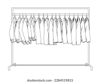 Outline of clothes hanging on hangers from black lines isolated on white background. Side view. 3D. Vector illustration.