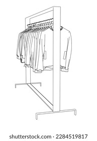 Outline of clothes hanging on hangers from black lines isolated on white background. 3D. Vector illustration.