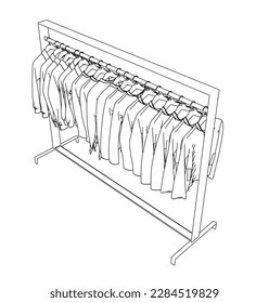 Outline of clothes hanging on hangers from black lines isolated on white background. Isometric view. 3D. Vector illustration.