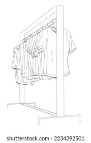 Esbozo de ropa en una percha hecha de líneas negras aisladas en un fondo blanco. La ropa cuelga en una fila sobre una percha. Vista frontal. 3 D. Ilustración vectorial.