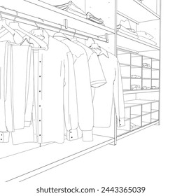 Outline of clothes on a hanger made of black lines isolated on a white background. Clothes hang in a row on a hanger. 3D. Vector illustration. Open wardrobe with clothes. Shelves boxes with things