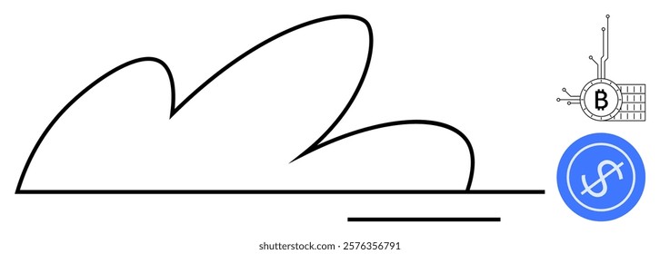 Outline of a cloud with Bitcoin and dollar icons. Ideal for cloud computing, cryptocurrency, finance, blockchain technology, and digital transactions. Minimalist style