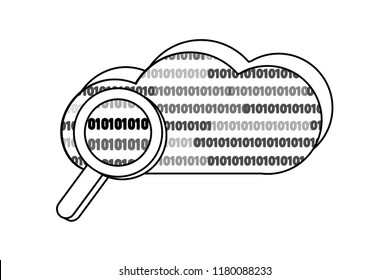 outline cloud data and magnifying glass with programming code